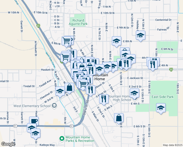 map of restaurants, bars, coffee shops, grocery stores, and more near 265 North 4th East in Mountain Home