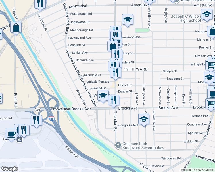 map of restaurants, bars, coffee shops, grocery stores, and more near 36 Rosalind Street in Rochester