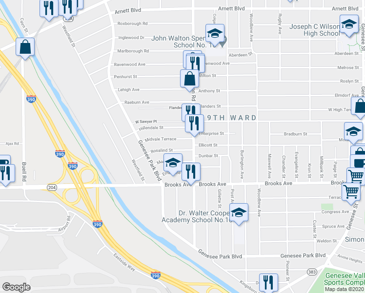 map of restaurants, bars, coffee shops, grocery stores, and more near 30 Rosalind Street in Rochester