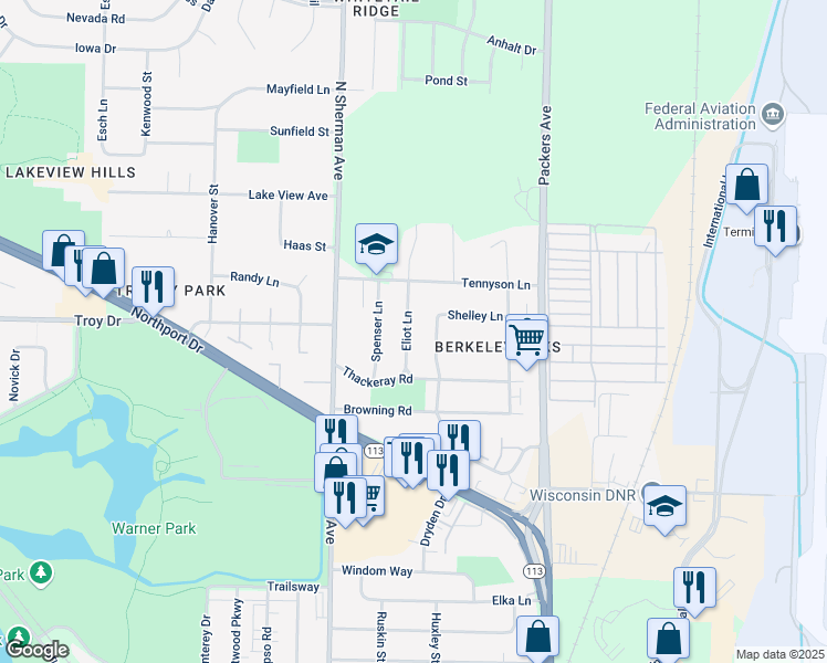 map of restaurants, bars, coffee shops, grocery stores, and more near 3702 Eliot Lane in Madison
