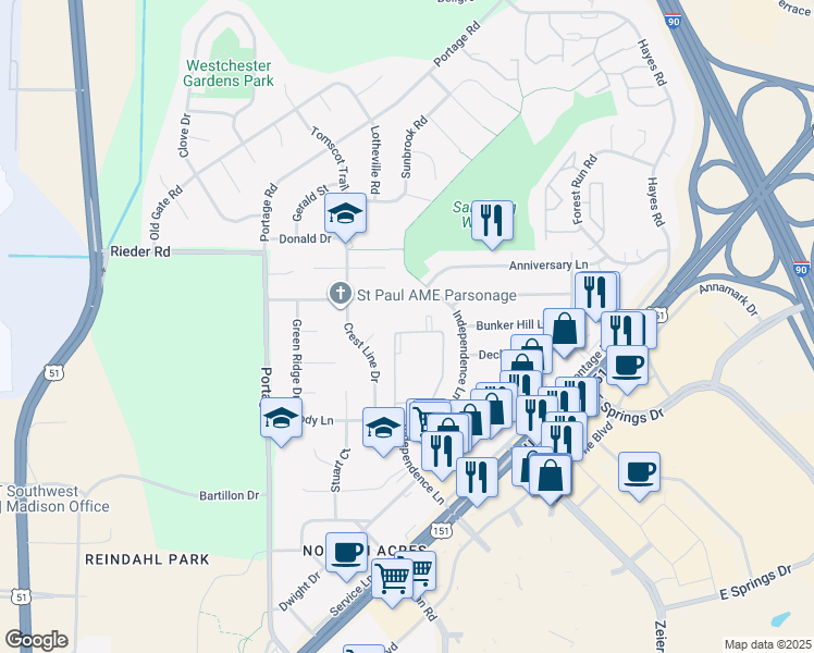 map of restaurants, bars, coffee shops, grocery stores, and more near 2818 Independence Lane in Madison