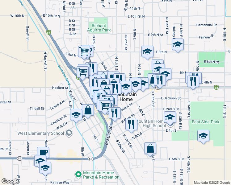 map of restaurants, bars, coffee shops, grocery stores, and more near 265 North 4th East in Mountain Home