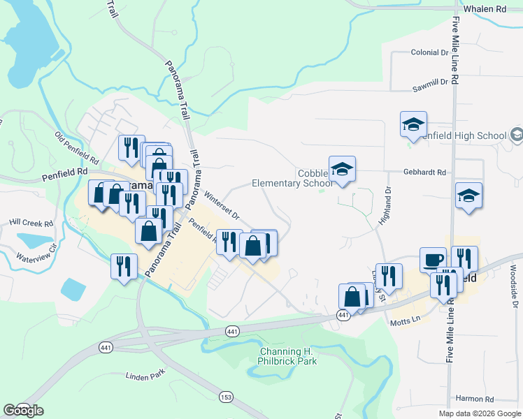 map of restaurants, bars, coffee shops, grocery stores, and more near 82 Heather Drive in Rochester