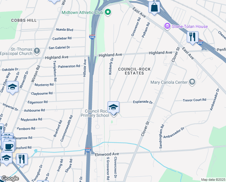 map of restaurants, bars, coffee shops, grocery stores, and more near 384 Grosvenor Road in Rochester