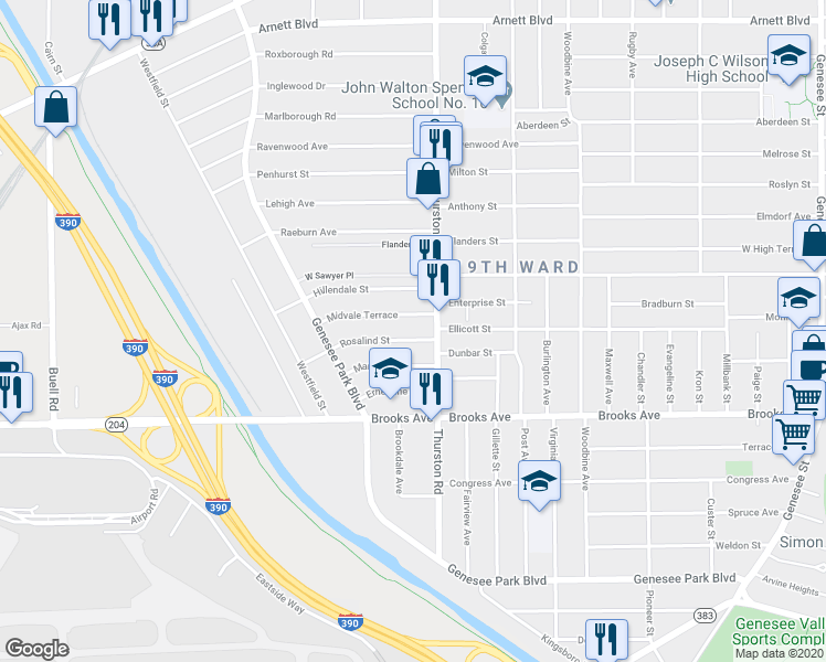 map of restaurants, bars, coffee shops, grocery stores, and more near 32 Midvale Terrace in Rochester