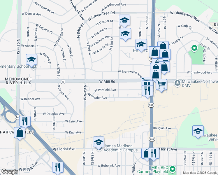 map of restaurants, bars, coffee shops, grocery stores, and more near 8121 West Mill Road in Milwaukee