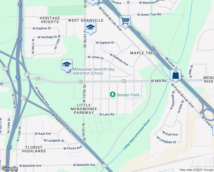 map of restaurants, bars, coffee shops, grocery stores, and more near 6402 North 105th Street in Milwaukee