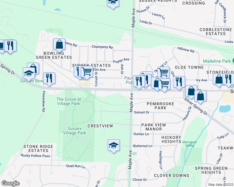 map of restaurants, bars, coffee shops, grocery stores, and more near N64W24050 Main Street in Sussex