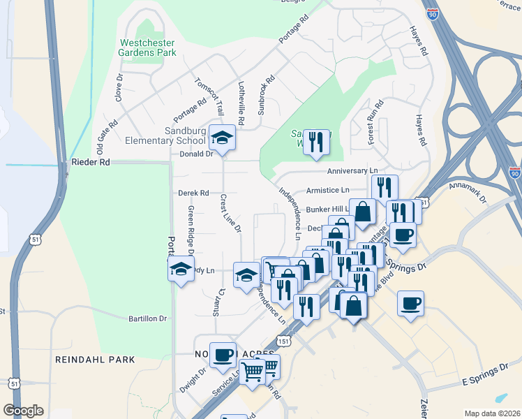 map of restaurants, bars, coffee shops, grocery stores, and more near 2818 Independence Lane in Madison