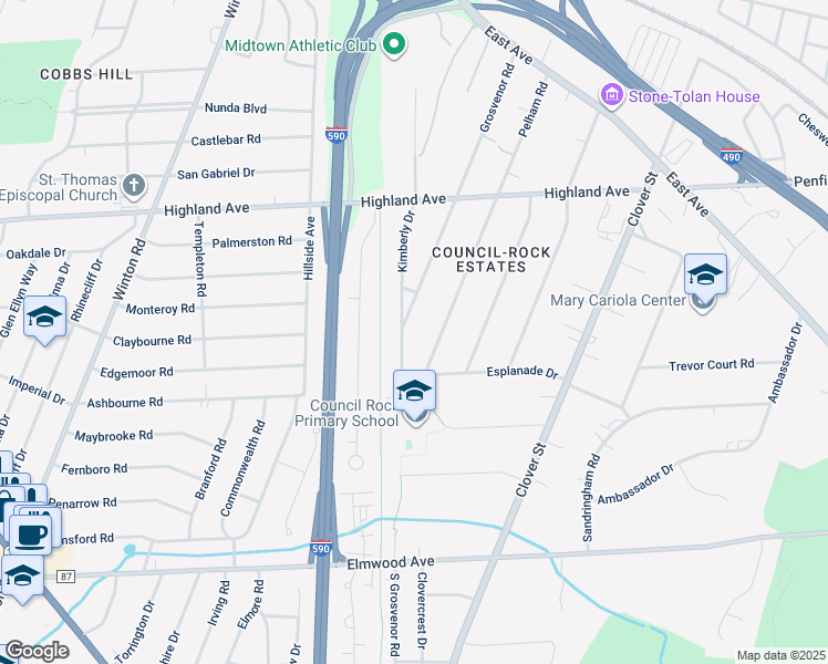 map of restaurants, bars, coffee shops, grocery stores, and more near 384 Grosvenor Road in Rochester