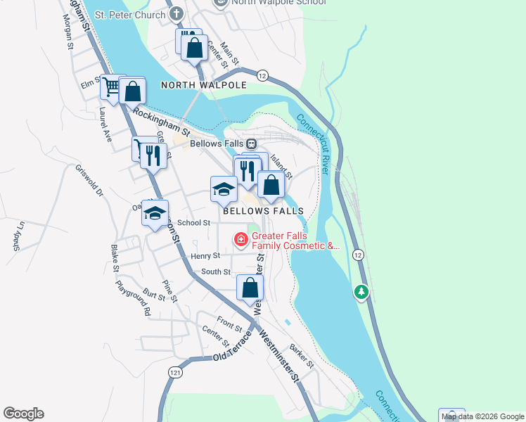 map of restaurants, bars, coffee shops, grocery stores, and more near in Town of Rockingham
