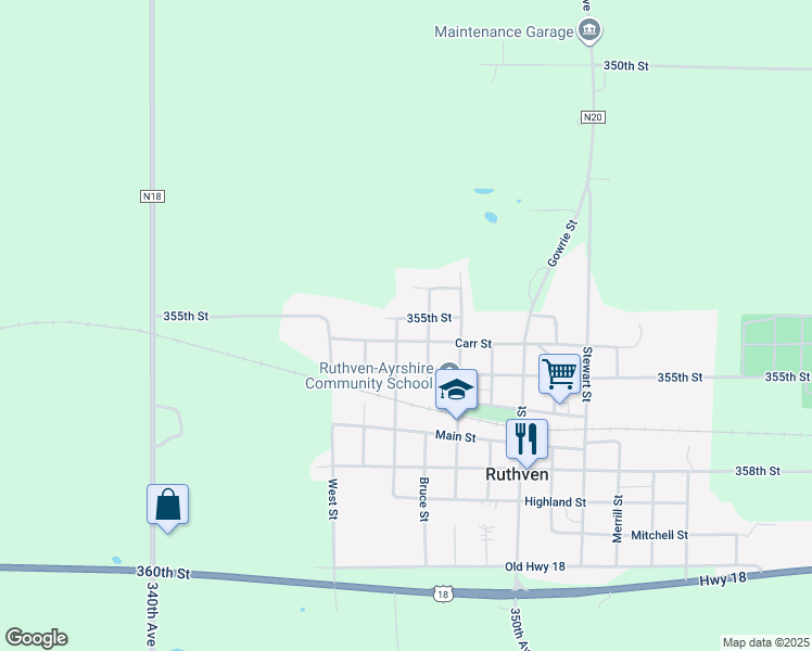 map of restaurants, bars, coffee shops, grocery stores, and more near 1101-1199 355th Street in Ruthven