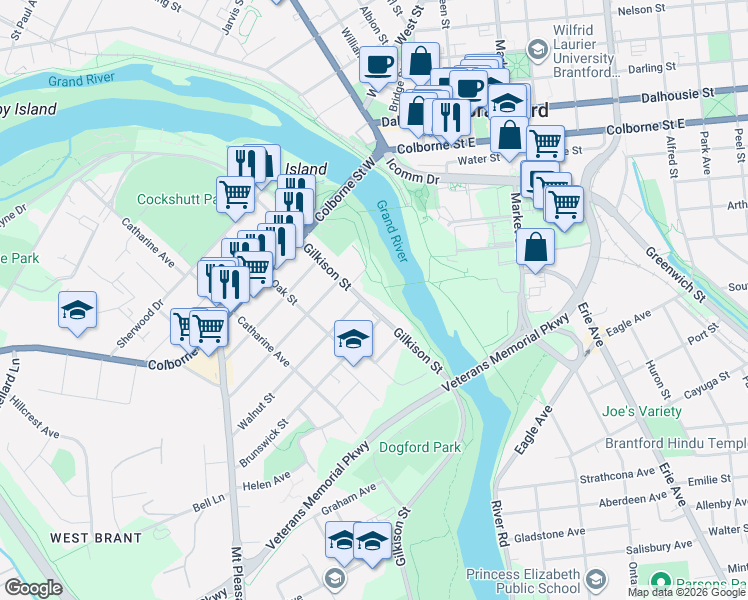 map of restaurants, bars, coffee shops, grocery stores, and more near 110A Gilkison Street in Brantford