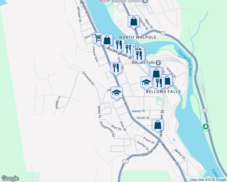 map of restaurants, bars, coffee shops, grocery stores, and more near 25 Oak Street in Town of Rockingham