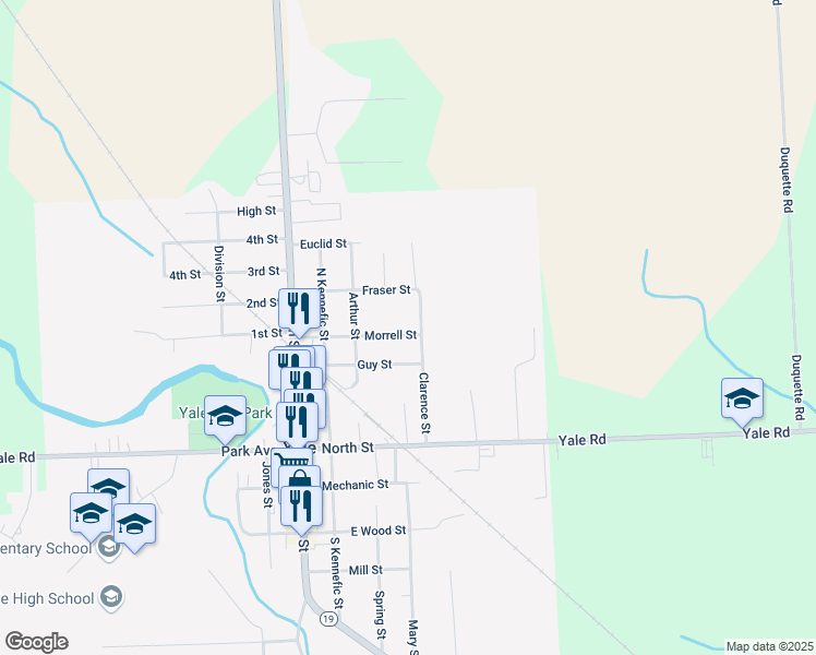 map of restaurants, bars, coffee shops, grocery stores, and more near 253 Clarence Street in Yale