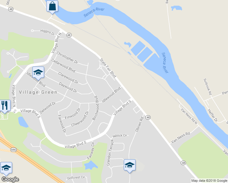 map of restaurants, bars, coffee shops, grocery stores, and more near 3 Cedarwood Boulevard in Baldwinsville