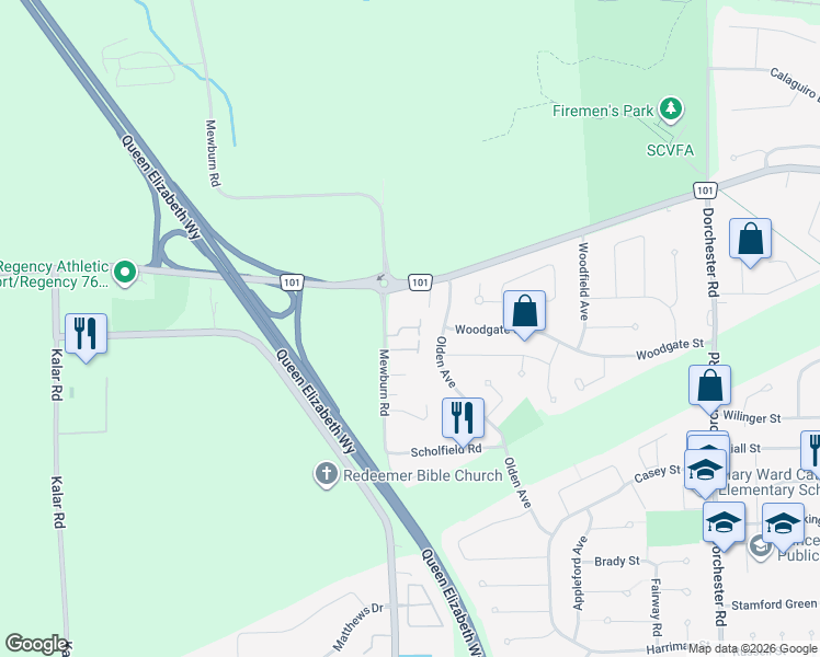 map of restaurants, bars, coffee shops, grocery stores, and more near 2 Mewburn Road in Niagara Falls