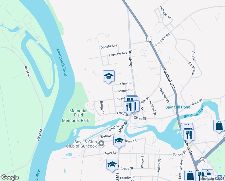 map of restaurants, bars, coffee shops, grocery stores, and more near 30 High Street in Suncook