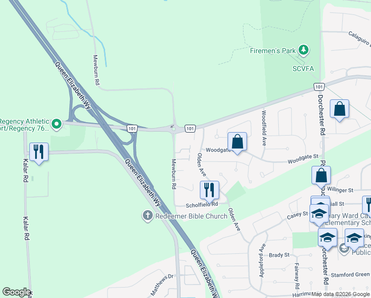 map of restaurants, bars, coffee shops, grocery stores, and more near 2 Mewburn Road in Niagara Falls