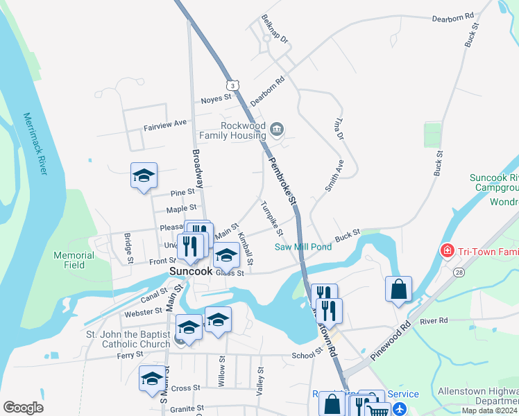 map of restaurants, bars, coffee shops, grocery stores, and more near 21 Broadway in Pembroke