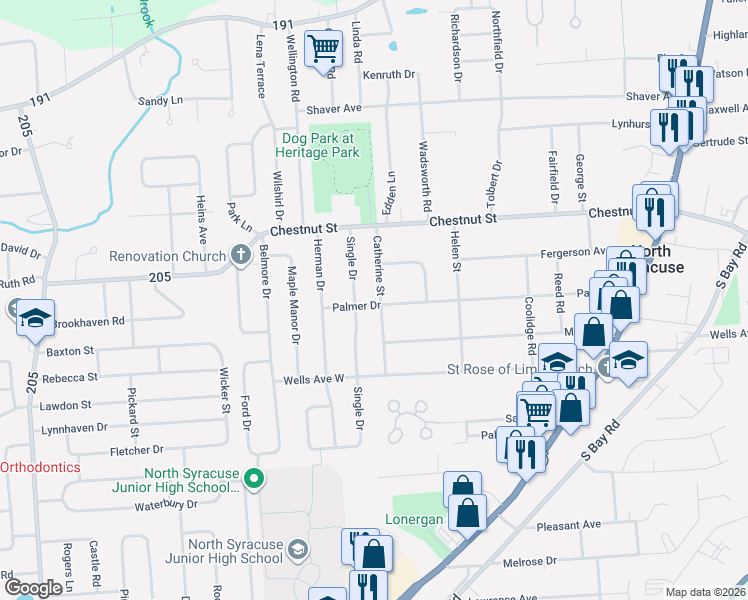 map of restaurants, bars, coffee shops, grocery stores, and more near 119 Catherine Street in North Syracuse