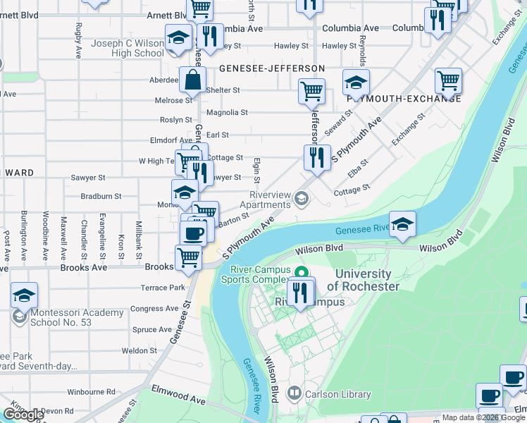 map of restaurants, bars, coffee shops, grocery stores, and more near 748 Seward Street in Rochester