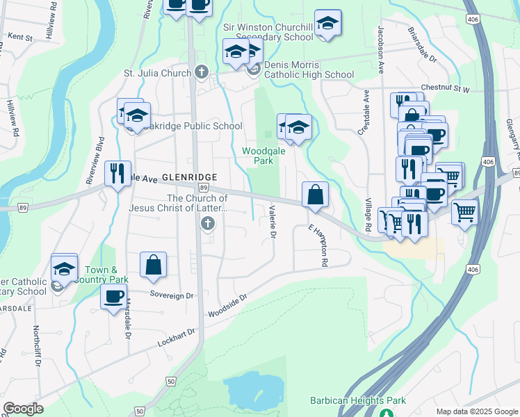 map of restaurants, bars, coffee shops, grocery stores, and more near 150 Glendale Avenue in St. Catharines