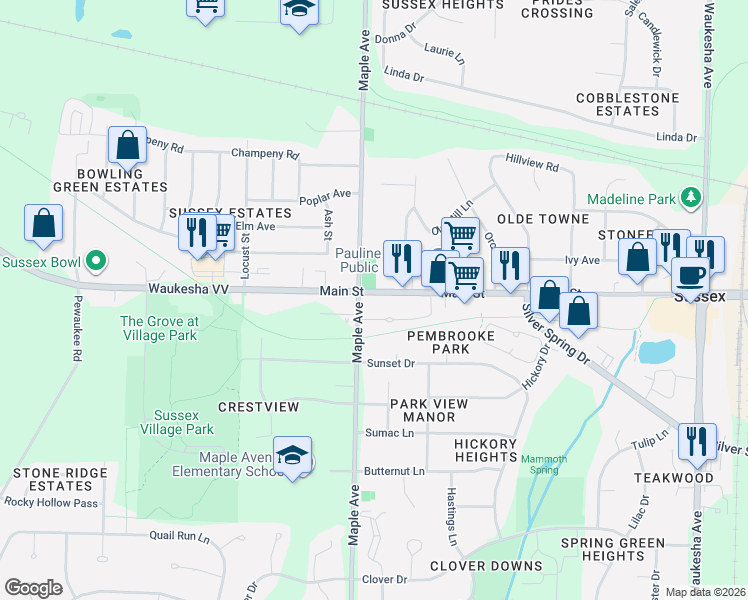 map of restaurants, bars, coffee shops, grocery stores, and more near n63w23965 Main Street in Sussex