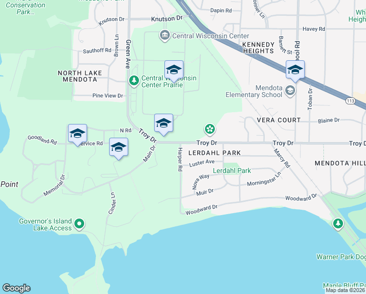 map of restaurants, bars, coffee shops, grocery stores, and more near 405 Troy Drive in Madison