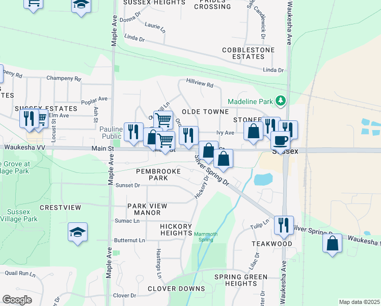 map of restaurants, bars, coffee shops, grocery stores, and more near N63W23675 Main Street in Sussex
