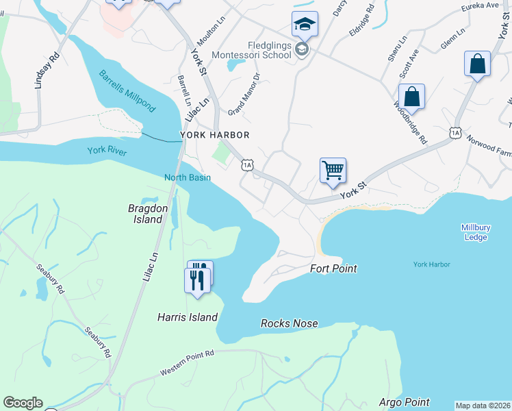 map of restaurants, bars, coffee shops, grocery stores, and more near 9 Varrell Lane in York