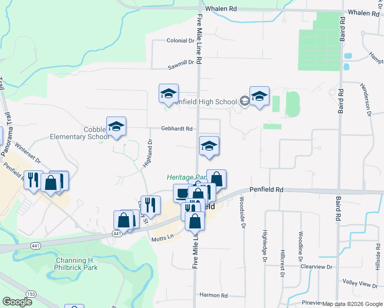 map of restaurants, bars, coffee shops, grocery stores, and more near 2059 Five Mile Line Road in Penfield
