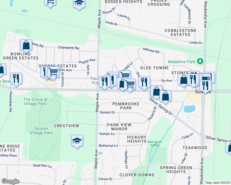 map of restaurants, bars, coffee shops, grocery stores, and more near N63 W23811 Main Street in Sussex