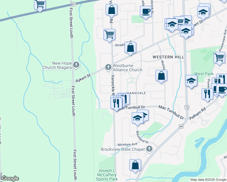 map of restaurants, bars, coffee shops, grocery stores, and more near 125 Vansickle Road in St. Catharines