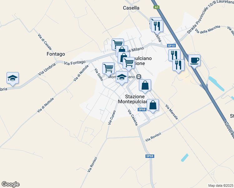map of restaurants, bars, coffee shops, grocery stores, and more near 2 Via Catania in Montepulciano Stazione