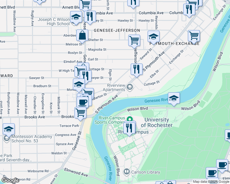map of restaurants, bars, coffee shops, grocery stores, and more near 57 Barton Street in Rochester