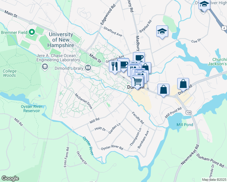 map of restaurants, bars, coffee shops, grocery stores, and more near Quad Way in Durham