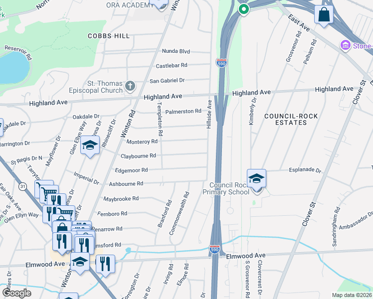 map of restaurants, bars, coffee shops, grocery stores, and more near 195 Monteroy Road in Rochester