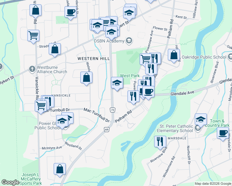map of restaurants, bars, coffee shops, grocery stores, and more near 64 Louth Street in Saint Catharines