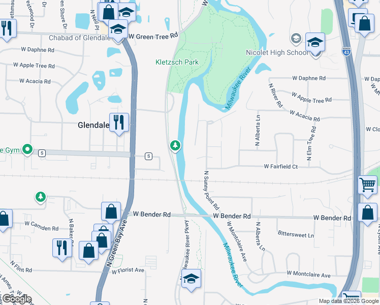 map of restaurants, bars, coffee shops, grocery stores, and more near 6411 North Sunny Point Lane in Glendale