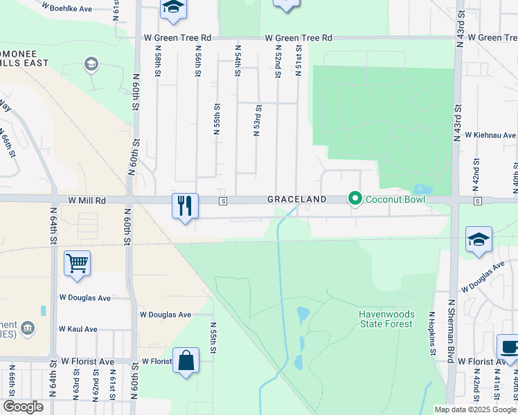 map of restaurants, bars, coffee shops, grocery stores, and more near 5235 West Mill Road in Milwaukee