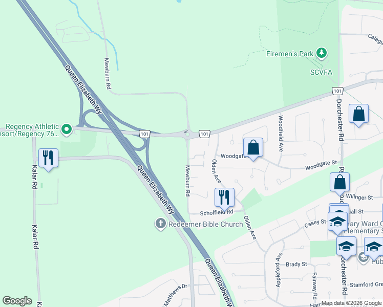 map of restaurants, bars, coffee shops, grocery stores, and more near 2 Mewburn Road in Niagara Falls