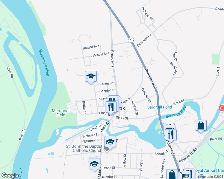 map of restaurants, bars, coffee shops, grocery stores, and more near 28 Broadway in Pembroke