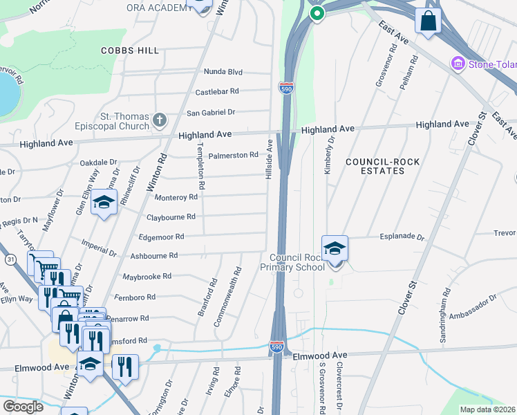map of restaurants, bars, coffee shops, grocery stores, and more near 245 Monteroy Road in Rochester