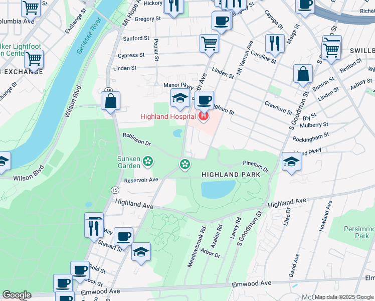 map of restaurants, bars, coffee shops, grocery stores, and more near 75 Bellevue Drive in Rochester