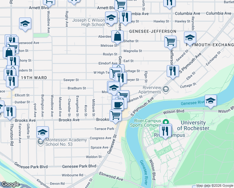 map of restaurants, bars, coffee shops, grocery stores, and more near 34 Monica Street in Rochester