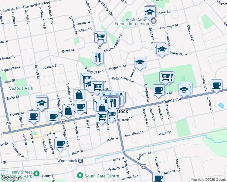map of restaurants, bars, coffee shops, grocery stores, and more near in Woodstock