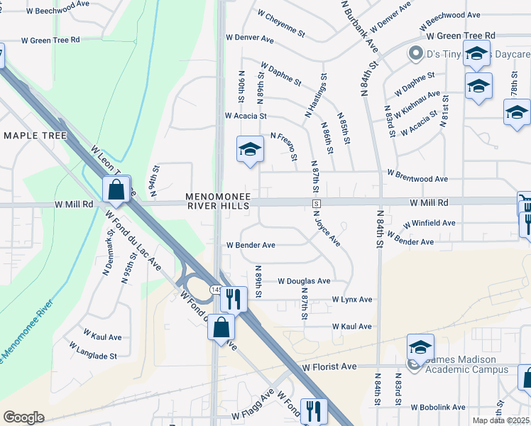 map of restaurants, bars, coffee shops, grocery stores, and more near 8907 West Mill Road in Milwaukee