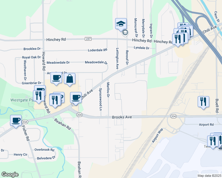 map of restaurants, bars, coffee shops, grocery stores, and more near 3 Marilou Drive in Rochester