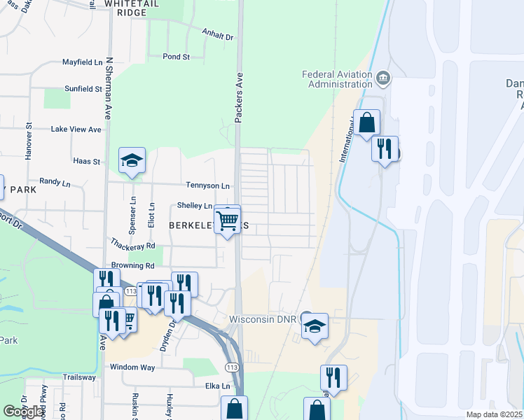 map of restaurants, bars, coffee shops, grocery stores, and more near 245 Bunting Lane in Madison